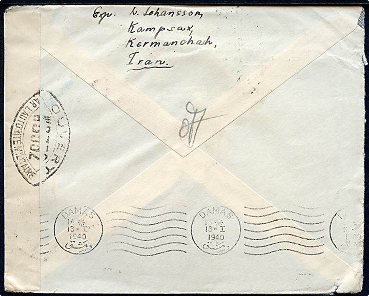 1,50 R. single på brev fra dansker ved Kampsax i Kermanchah d. 7.1.1940 via Damaskus i Syrien og Frankrig til København, Danmark. Åbnet af fransk censur i Dieppe (WB352).