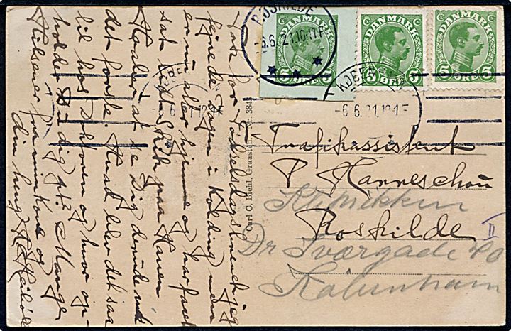 5 øre Chr. X (2) og 5 øre Chr. X helsagsafklip på brevkort fra København d. 6.6.1921 til Roskilde - eftersendt til København.