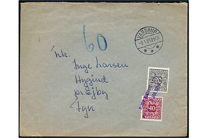 Ufrankeret brev fra Vamdrup d. 8.1.1954 til Hygind pr. Ejby. Udtakseret i porto med 20 øre og 40 øre Portomærke annulleret med kontorstempel Ejby (Nørre-Aaby) Postkontor d. 9.1.1954.