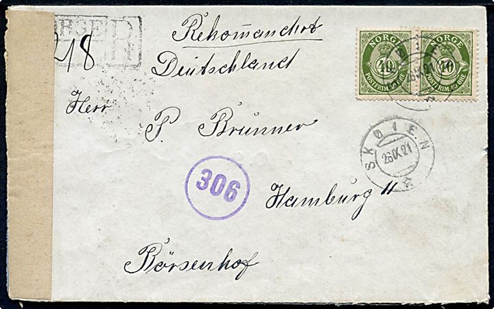 40 øre Posthorn i parstykke på anbefalet brev fra Skøien d. 26.9.1921 til Hamburg, Tyskland. Åbnet af tysk valutakontrol.