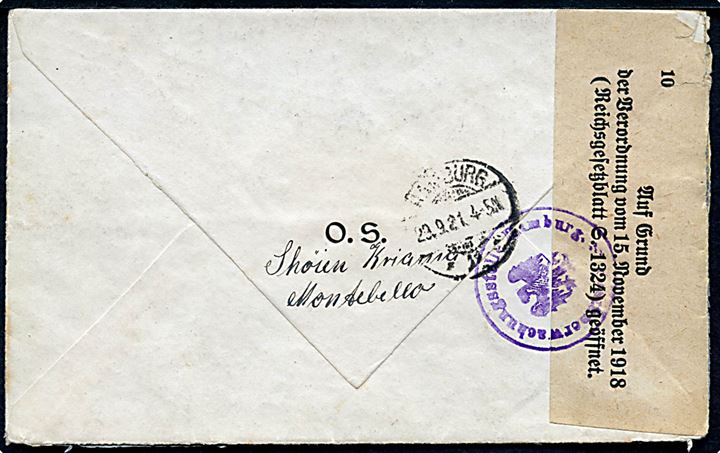 40 øre Posthorn i parstykke på anbefalet brev fra Skøien d. 26.9.1921 til Hamburg, Tyskland. Åbnet af tysk valutakontrol.