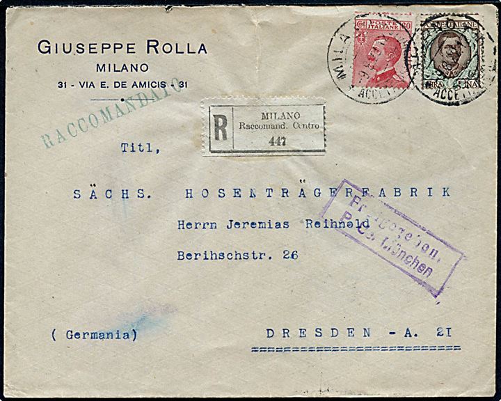 60 c. og 1 l. Emanuel på anbefalet brev fra Milano d. 9.8.1922 til Dresden, Tyskland. Rammestempel: Freigegeben P.U.s. München.