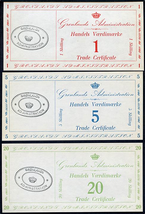 Grønlands Administration Handels Værdimærke 1 skilling rød, 5 skilling blå og 20 skilling grøn. Alle med sort ovalt gummistempel: Grønlands /(krone)/ * Administration *. 