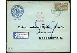 50 aur Landskab single på anbefalet brev fra Isafjördur 1936 via Reykjavik d. 11.11.1936 til Kjøbenhavn. Ank.stemplet i København d. 18.11.1936.