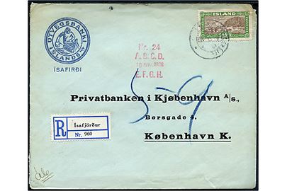 50 aur Landskab single på anbefalet brev fra Isafjördur 1936 via Reykjavik d. 11.11.1936 til Kjøbenhavn. Ank.stemplet i København d. 18.11.1936.