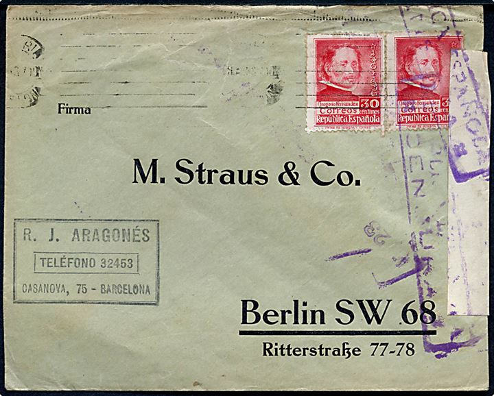 30 cts. Fernandez (2) på brev fra Barcelona d. 11.4.1937 (?) til Berlin, Tyskland. Åbnet af spansk censur.