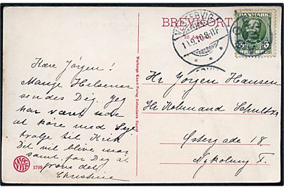 5 øre Fr. VIII på brevkort (Stranding ved Vestkysten) annulleret med stjernestempel AGGER og sidestemplet Vestervig d. 10.9.1910 til Nykøbing F.
