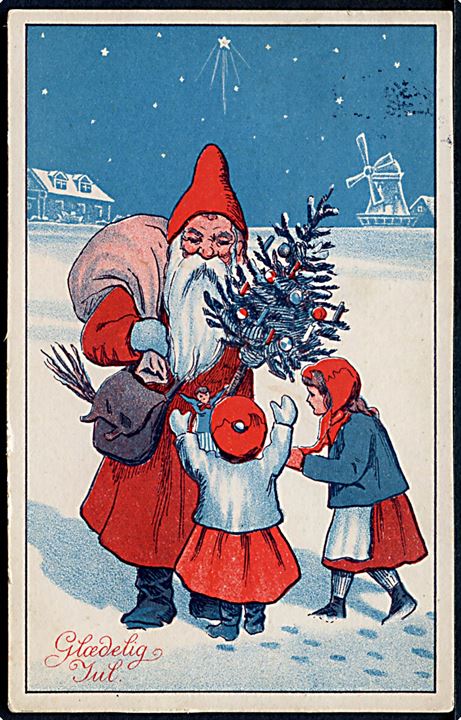 Julemand i Rød kåbe kommer med juletræ og gaver. U/no. 