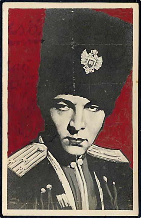 Rudolph Valentino på kort uden adresselinier. Formodentligt kopi fra plakat til filmen The Eagle (1925)