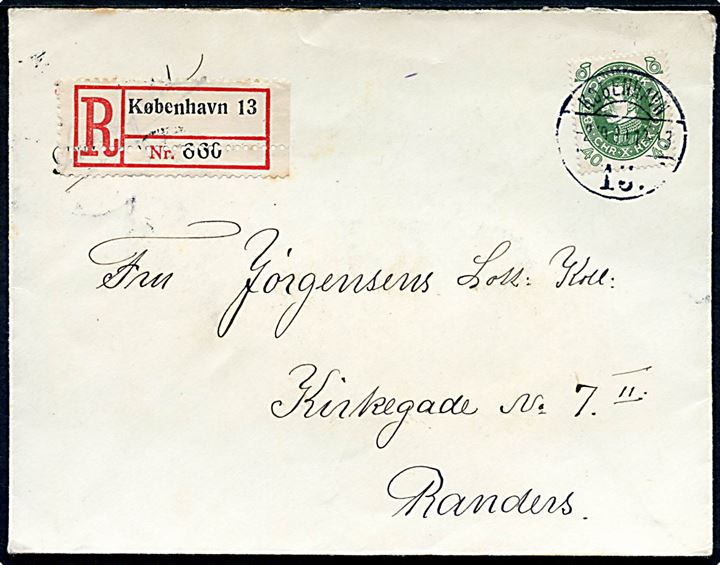 40 øre Chr. X 60 år single på anbefalet brev fra Kjøbenhavn d. 3.10.1930 til Randers.