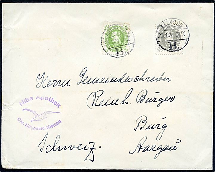 5 øre og 20 øre Chr. X 60 år på brev fra Nibe annulleret brotype Vd Aalborg B. d. 25.1.1931 til Burg, Schweiz.