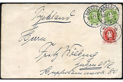 5 øre (par) og 15 øre Chr. X 60 år på brev fra kaptajn ombord på m/S Ingeborg i Horsens d. 16.5.1931 til Guben, Tyskland.