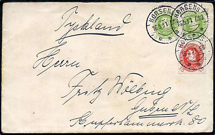 5 øre (par) og 15 øre Chr. X 60 år på brev fra kaptajn ombord på m/S Ingeborg i Horsens d. 16.5.1931 til Guben, Tyskland.