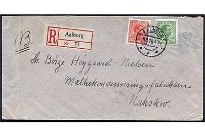 20 øre og 25 øre Chr. X på anbefalet brev fra Aalborg d. 6.8.1926 til Nakskov. Kuvert med fold.