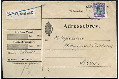 40 øre Chr. X single på adressebrev for pakke fra Kjøbenhavn d. 19.4.1919 til Nibe.