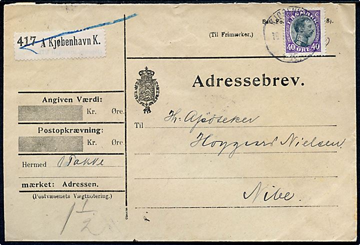 40 øre Chr. X single på adressebrev for pakke fra Kjøbenhavn d. 19.4.1919 til Nibe.