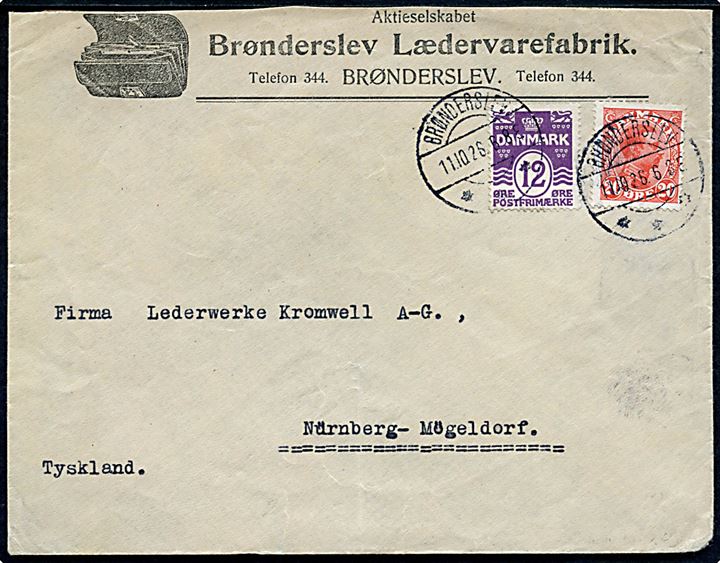12 øre Bølgelinie og 20 øre Chr. X på overfrankeret brev fra Brønderslev d. 11.10.1926 til Nürnberg-Mögeldorf, Tyskland.