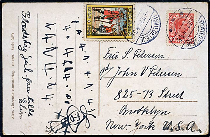 25 øre Chr. X og Julemærke 1924 på julekort fra Tisvildeleje d. 6.12.1924 til Brooklyn, USA.
