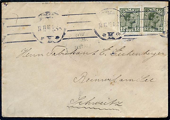 12 øre Chr. X (2) på overfrankeret brev fra København d. 17.11.1919 til Reinweil am See, Schweiz.