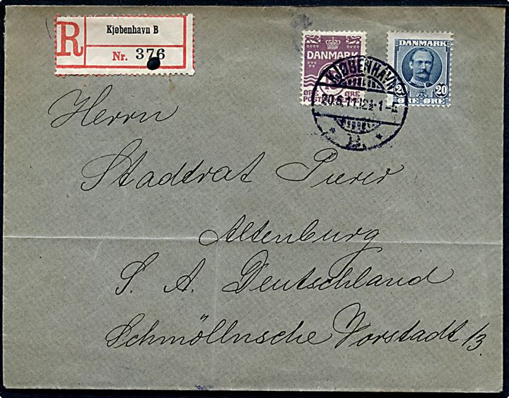 15 øre Bølgelinie og 20 øre Fr. VIII på anbefalet brev fra Kjøbenhavn d. 20.5.1911 til Altenburg, Tyskland.