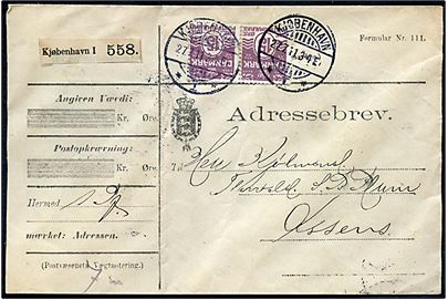 15 øre Bølgelinie i parstykke på adressebrev for pakke fra Kjøbenhavn d. 27.7.1911 til Assens. Folder.