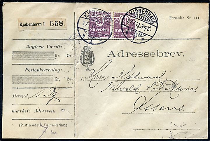 15 øre Bølgelinie i parstykke på adressebrev for pakke fra Kjøbenhavn d. 27.7.1911 til Assens. Folder.