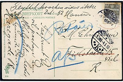 3 øre Bølgelinie på lokalt brevkort i Kjøbenhavn d. 3.5.1910. Retur da modtageren er flyttet.