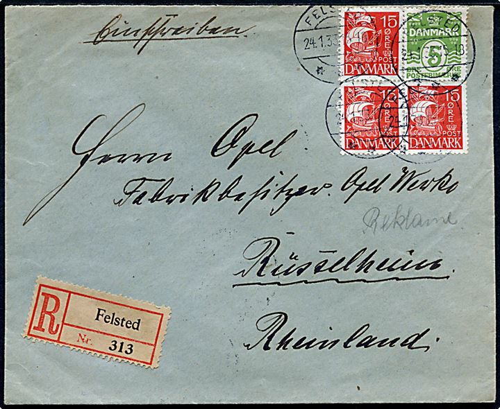5 øre Bølgelinie og 15 øre Karavel (3) på 50 øre frankeret anbefalet brev annulleret med brotype IIc Felsted d. 24.1.1933 til Rüsselheim, Tyskland.