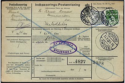 10 øre Bølgelinie og 20 øre Karavel på lokal retur Indkasserings-Postanvisning annulleret brotype IIb Nykøbing Falster d. 21.7.1928.