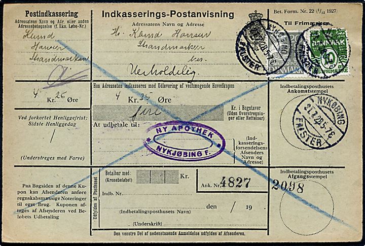 10 øre Bølgelinie og 20 øre Karavel på lokal retur Indkasserings-Postanvisning annulleret brotype IIb Nykøbing Falster d. 21.7.1928.