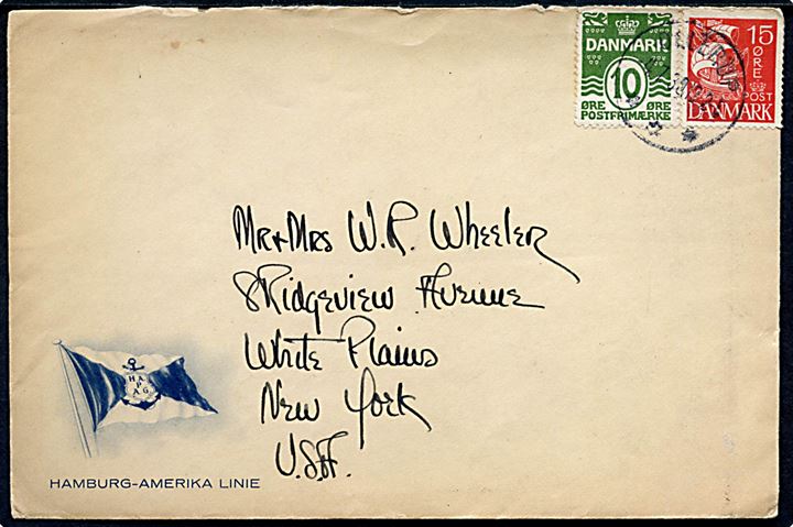 10 øre Bølgelinie og 15 øre Karavel på Hamburg-Amerika Linie rederi kuvert stemplet i Ollerup d. 4.7.1930 til New York, USA. Uden afsender.