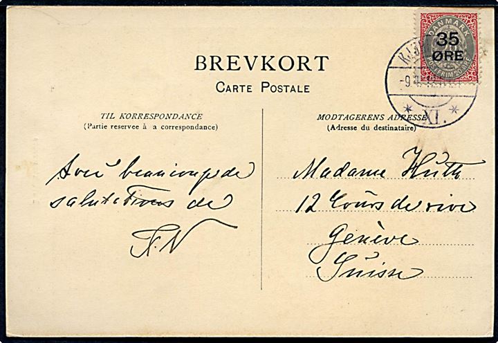 35/20 øre Provisorium på overfrankeret brevkort stemplet Kjøbenhavn *XI.* d. 9.4.1912 til Geneve, Schweiz. 