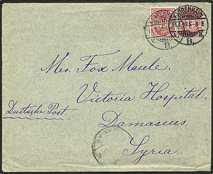10 øre Våben i parstykke på brev fra Kjøbenhavn d. 11.1.1903 til Damaskus, Syrien.