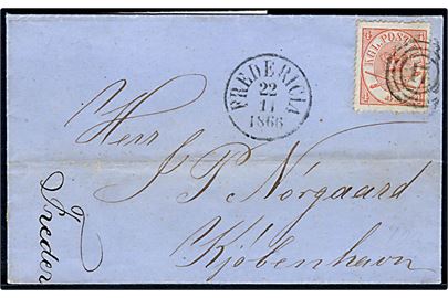 4 sk. Krone/Scepter på brev annulleret med nr.stempel 17 og sidestemplet antiqua Fredericia d. 22.11.1866 til København.