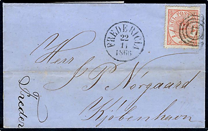 4 sk. Krone/Scepter på brev annulleret med nr.stempel 17 og sidestemplet antiqua Fredericia d. 22.11.1866 til København.