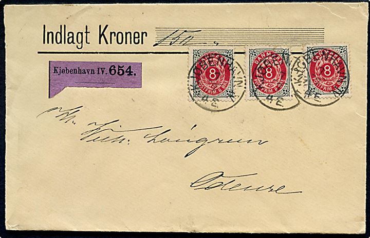 8 øre Tofarvet (3) på værdibrev annulleret med lapidar Kjøbenhavn IV d. 7.7.1897 til Odense.