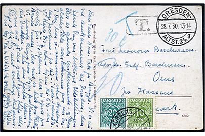 Ufrankeret brevkort fra Dresden d. 28.7.1930 til Oens pr. Horsens, Danmark. Udtakseret i porto med 10 øre og 20 øre Portomærke stemplet Horsens d. x.8.1930.
