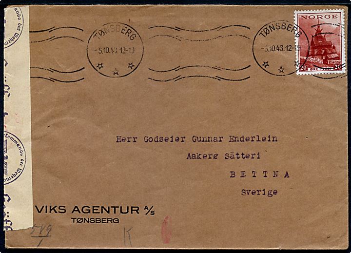 20 øre Turist på brev fra Tønsberg d. 5.10.1943 til Bettna, Sverige. Åbnet af tysk censur i Oslo.