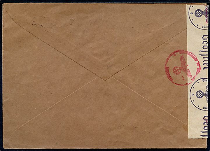 20 øre Turist på brev fra Tønsberg d. 5.10.1943 til Bettna, Sverige. Åbnet af tysk censur i Oslo.