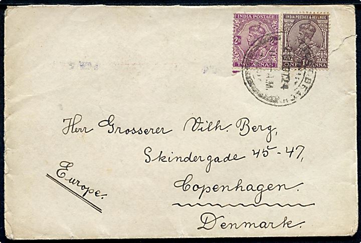 1 as. George V i parstykke på brev fra Calicut Beach d. 26.10.1924 til København, Danmark. Fra sømand ombord på ØK-skibet M/S Afrika.
