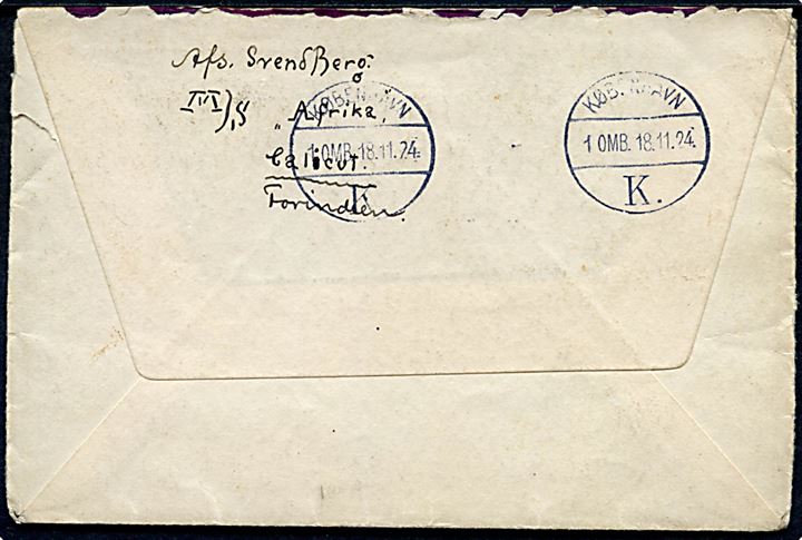 1 as. George V i parstykke på brev fra Calicut Beach d. 26.10.1924 til København, Danmark. Fra sømand ombord på ØK-skibet M/S Afrika.