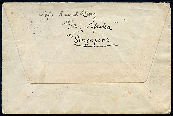 8c George V på brev fra Singapore d. 8.11.1924 til København, Danmark. Fra sømand ombord på ØK-skibet M/S Afrika.