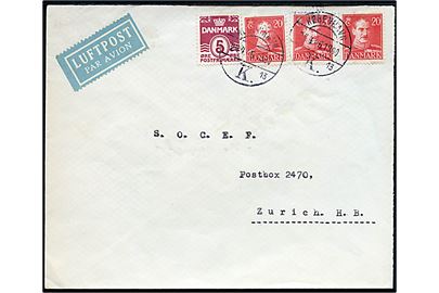 5 øre Bølgelinie og 20 øre Chr. X (3) på 65 øre frankeret luftpostbrev fra København d. 24.4.1946 til Zürich, Schweiz.