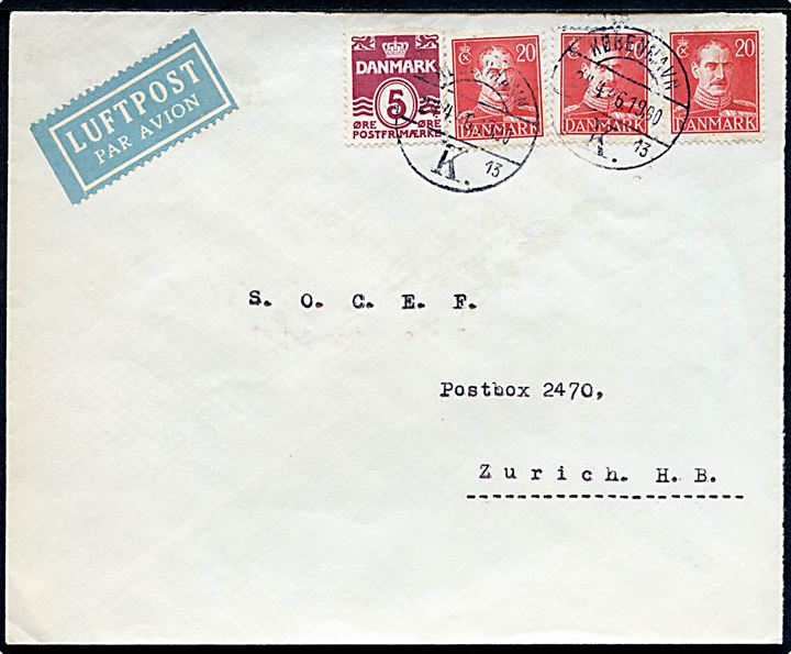 5 øre Bølgelinie og 20 øre Chr. X (3) på 65 øre frankeret luftpostbrev fra København d. 24.4.1946 til Zürich, Schweiz.