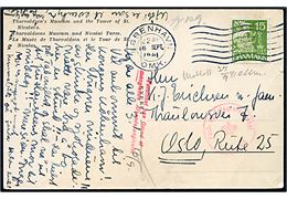15 øre Karavel på brevkort fra København d. 16.9.1941 til Oslo, Norge. Dansk censur med rødt stempel Forsinket paa grund af manglende Afsenderangivelese.
