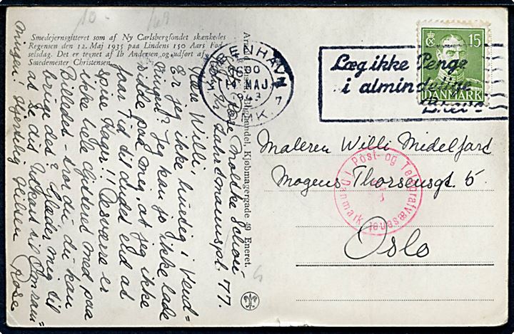 15 øre Chr. X på brevkort (Regensgaarden, København) fra København d. 14.5.1943 til Oslo, Norge. Dansk censur.