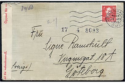 20 øre Chr. X på brev fra København d. 16.4.1946 til Göteborg, Sverige. Åbnet af svensk valutakontrol.