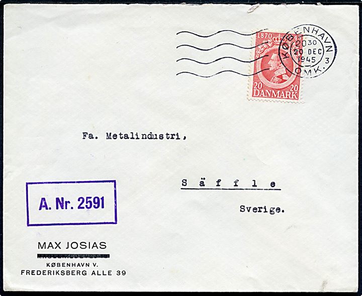 20 øre Chr. X 75 år på brev fra København d. 20.12.1945 til Säffle, Sverige. Uden censur, men med violet licens-stempel: A. Nr. 2591.
