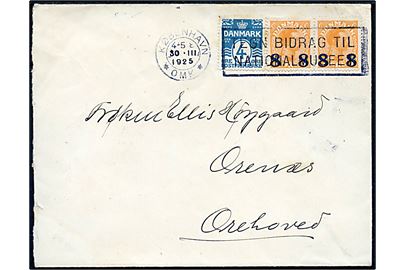 4 øre Bølgelinie og 8/7 øre Provisorium i 3-stribe på brev fra København d. 30.3.1925 til Orenæs pr. Orehoved.