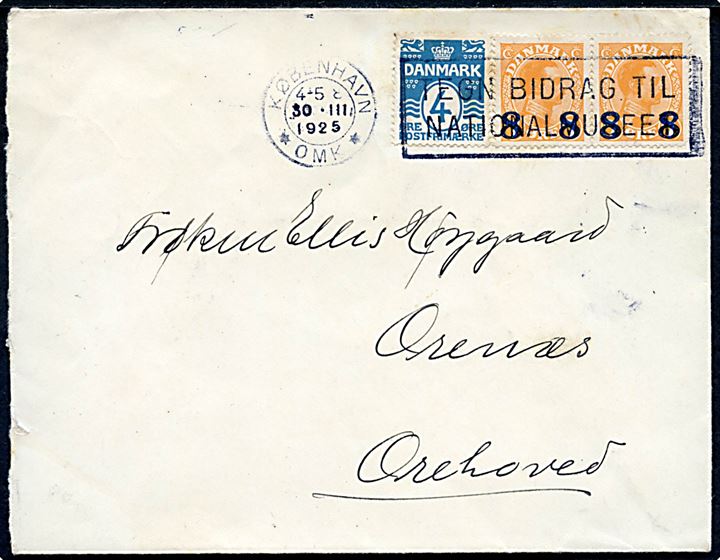 4 øre Bølgelinie og 8/7 øre Provisorium i 3-stribe på brev fra København d. 30.3.1925 til Orenæs pr. Orehoved.